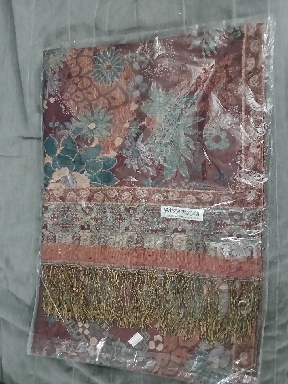 Pashmina Burgundy and Teal Floral Jacquard Shawl with Gold Fringe